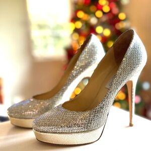 JIMMY CHOO Size 39 Alex Silver Gold Glitter fabric Platform Pump Champagne